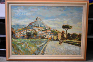 Quadro Dipinto A Olio Su Fasite : La Rocca , Autore Aino 73x98 Cm