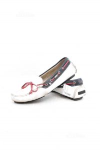 Moccasins Woman Tommy Hilfiger Size 38 White Blue Red True Leather