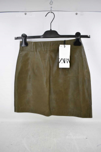 Minigonna In Vera Pelle Verde Zara Tg. S Nuova