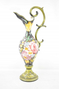 Vaso In Ceramica Bassano Dipinto Fiori Su Sfondo Nero 54,5 Cm