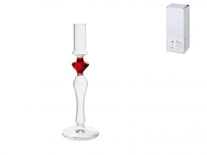 H&H Candeliere in vetro borosilicato trasparente con decoro rosso una fiamma cm 24,5