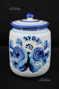Vaso In Ceramica Bianco Disegno Fiori Blu H 25 Cm