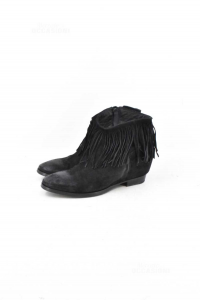 Ankle Boots Woman Suede Black In Leather Lemare Size 40 With Fringes