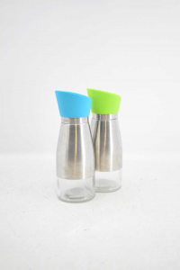 Set Oil And Vinegar Amc In Steel And Glass Cap Green And Light Blue H 19 Cm