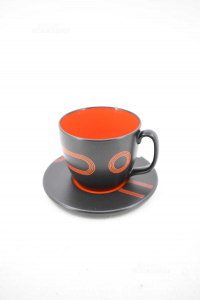 Tazza Con Piatto Ikea In Ceramica Nera Dettagli Arancioni