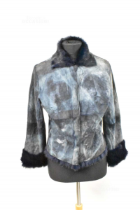 Jacket Woman Reversible Fur Blue / Suede Effect Marmorizzato Size.m