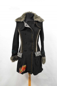 Coat Woman Desigual Size 36 Black With Details Eco Fur