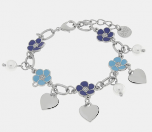 By Simon - Bracciale in Metallo con fiori blu e cuori pendenti
