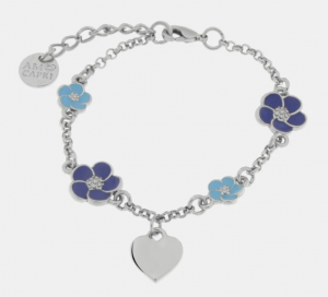By Simon - Bracciale in Metallo con fiori blu e cuore pendente