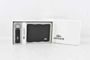 Set Wallet + Keychain Leather Lacoste Brown New