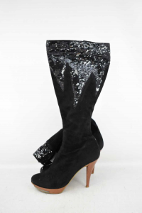 Boots Woman Seeds Tall Black With Sequins Size 38 And Taccotipo Wood