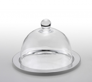 Vassoio tondo in metallo placcato argento con campana in vetro trasparente
