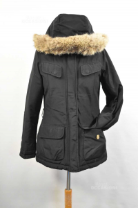 Jacket Woman Woolrich Black Size.s With Cappuccio Hair And Belt