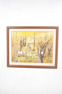 Painting Painted Landscape Of Forest With Animals Wooden Frame 39x49 Cm