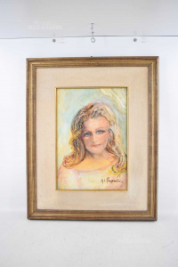 Painting Painted Face Of Woman Blonde Aut.passarelli Wooden Frame 58x48 Cm