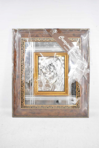 Pintura Con Espejo Y Figura De Santo Padre Plata Marca De Madera 44x38 Cm