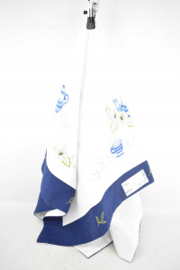Mantel Desde The Blanco Bordo Azul Bordado Flores Y Taza Desde The 85x85 Cm