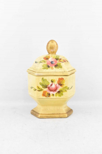 Ceramic Vase Yellow With Lid Drawing Flowers Pink 25 Cm