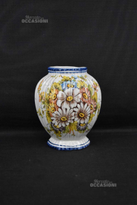 Vase In Bassano Ceramic White Drawing Flowers Brown Pink Light Blue H 21 Cm