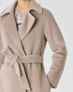 Cappotto lungo a vestaglia in pura lana vergine color grigio beige