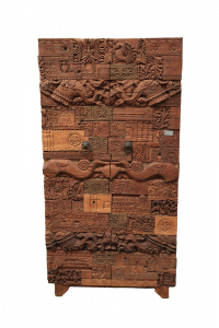 Armadio / Credenza alta in legno di mango con frontale ante mosaico recupero frame e timbri in legno di teak #VI64
