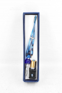Plumilla Y Tintero Vidrio Con Botella Color Azul