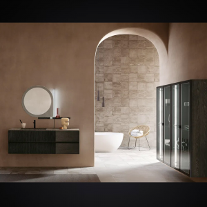 Mobile lavabo sospeso in rovere con specchio Tulle 02 Archeda