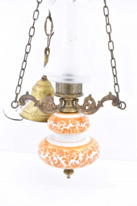 Lampadario In Ceramica Bianco Arancione Con Campana In Vetro Satinato Catene 38cm