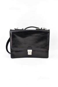 Suitcase 24 Ore Black Genuine Leather With Shoulder Strap 37x28 Cm