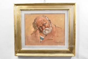 Quadro Dipinto A Olio Signore Anziano 72x62 Cm Cornice Dorata Autore Mennaro '76