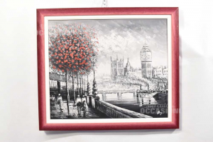 Quadro Dipinto Veduta Di Londra In Bianco E Nero Con Albero Fiorito : roy 73x63 Cm