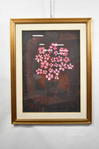 Quadro Dipinto Sfondo Scuro Con Fiori Rosa Cornice Dorata 88 X 68 Cm
