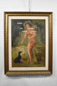 Quadro Dipinto Nudo Di Donna Con Cane Nero Aut. Foglini Cornice Decori 90 X 70 Cm