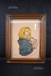 Quadro Icona Madonna Con Bambino In Pasta Dipinta Mano 50x40 Cm