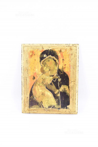 Quadro Icona Madonna Con Bambino Stampa Su Legno Dorato 21x26 Cm