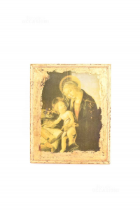 Quadro Icona Madonna Con Bambino Stampa Su Legno Dorato 21x26 Cm