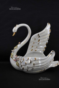Ceramic Vase Bassano Swan White With Flowers Pink 36 Cm