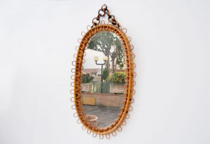Specchio ovale in vimini e bambù nello stile di Franco Albini 