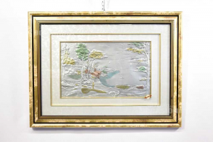 Gemälde Silber Landschaft Mit Boote 80x60 Cm