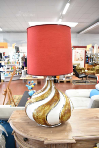 Keramiklampe Weiß Braun Mit Lampenschirm Rot