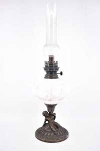 Lampe Jahrgang - Öl Jahrgang Glas Und Messing Mit Putto H 56 Cm