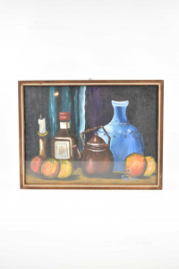 Pintura Pintado Roggio P81 Florero Azul Tetera Vela Con Naranjas Parte Inferior Oscuro 42x32cm