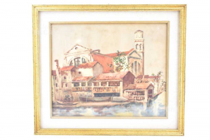 Gemälde Aquarell Kirche Mit Häusern Auf Dem Wasser Rahmen Golden 56x48 Cm