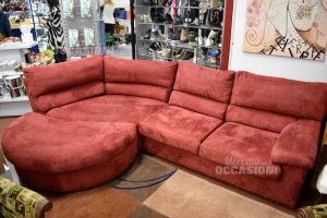 Sofa Bed Angular In Fabric Red Alcantara With Puof