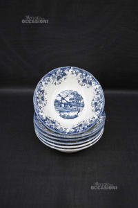 6 Bowls Ocela Malaysia Ceramic White Fantasy Mill And Flowers Blue 15.5cm