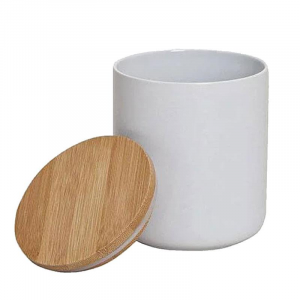 Barattolo in ceramica bianco con coperchio in bambù rotondo 12 x 10 cm