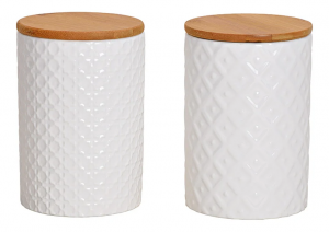 Barattolo in ceramica bianco con coperchio in bambu decorazione retro' 2 fantasie
