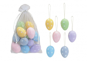 Set di 12 uova di Pasqua da appendere, 4x6x4cm, plastica colorata a pois, in sacchetto di organza