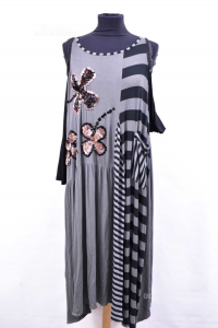 Kleid Frau Schwarz Grau L.m.Couture Größe.einzigartig Mit Stickerei Blumen Perlen