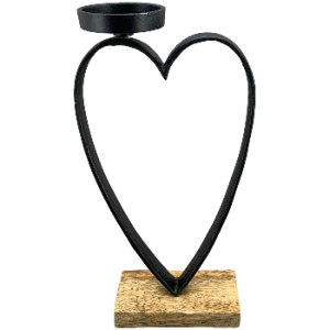Portacandela a forma di cuore in alluminio/legno nero 15x2,5x33 cm